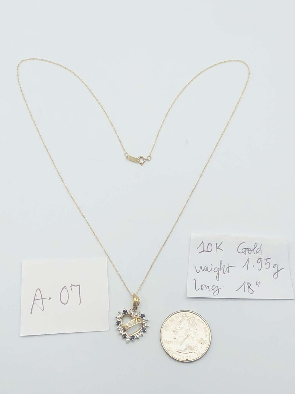 Vtg 10K Yellow Gold Diamond Blue Sapphire Hear Love Pendant Necklace 1.95g – 18”