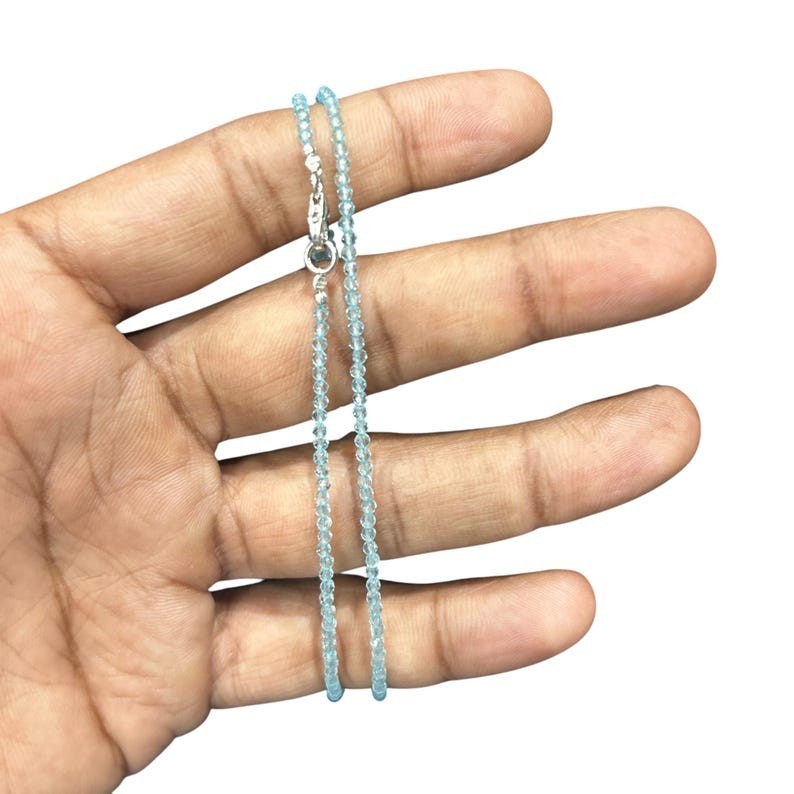 2-3MM Dainty Aquamarine Faceted Round Gemstone Beads Protections Necklaces 24”