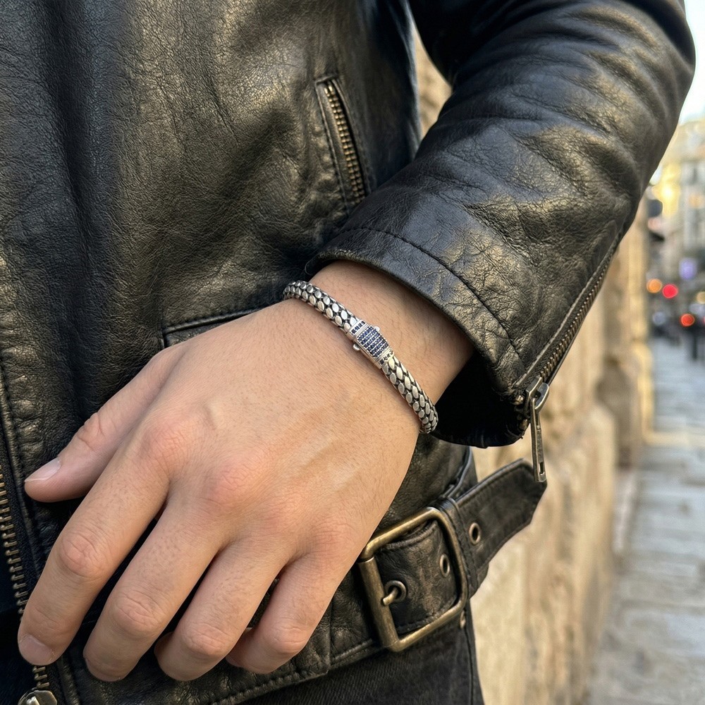 Men’s Oxidized 925 Silver Braided Wheat Bracelet Navy Blue Stone Clasp