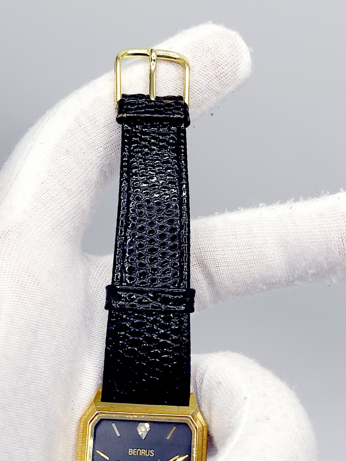 Vintage 1980s Benrus Diamond Quartz Tank Watch Gold Tone Black Dial Japan Made