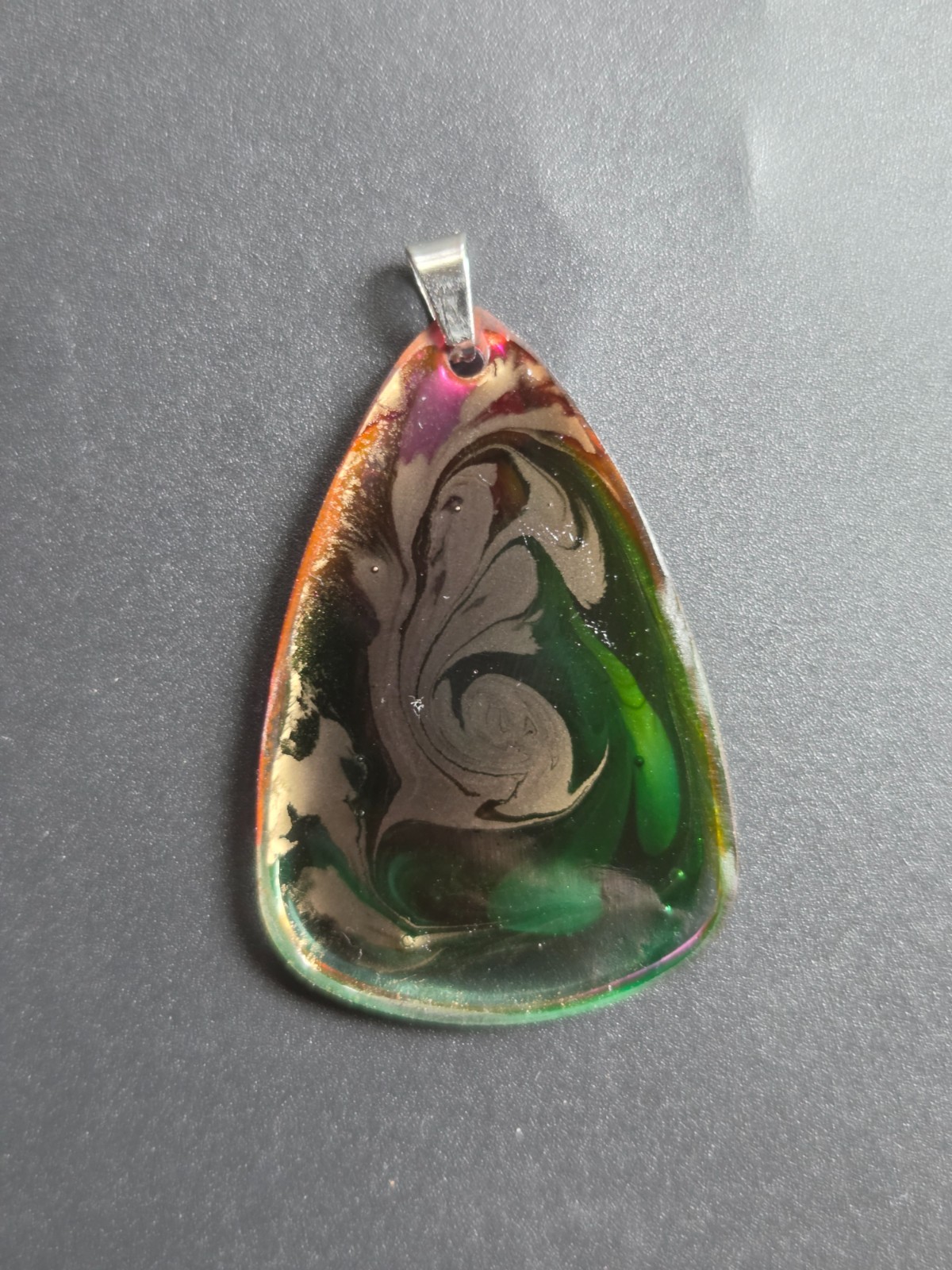OOAK Green Pink Gold Petri Effect Resin Teardrop Pendant N112