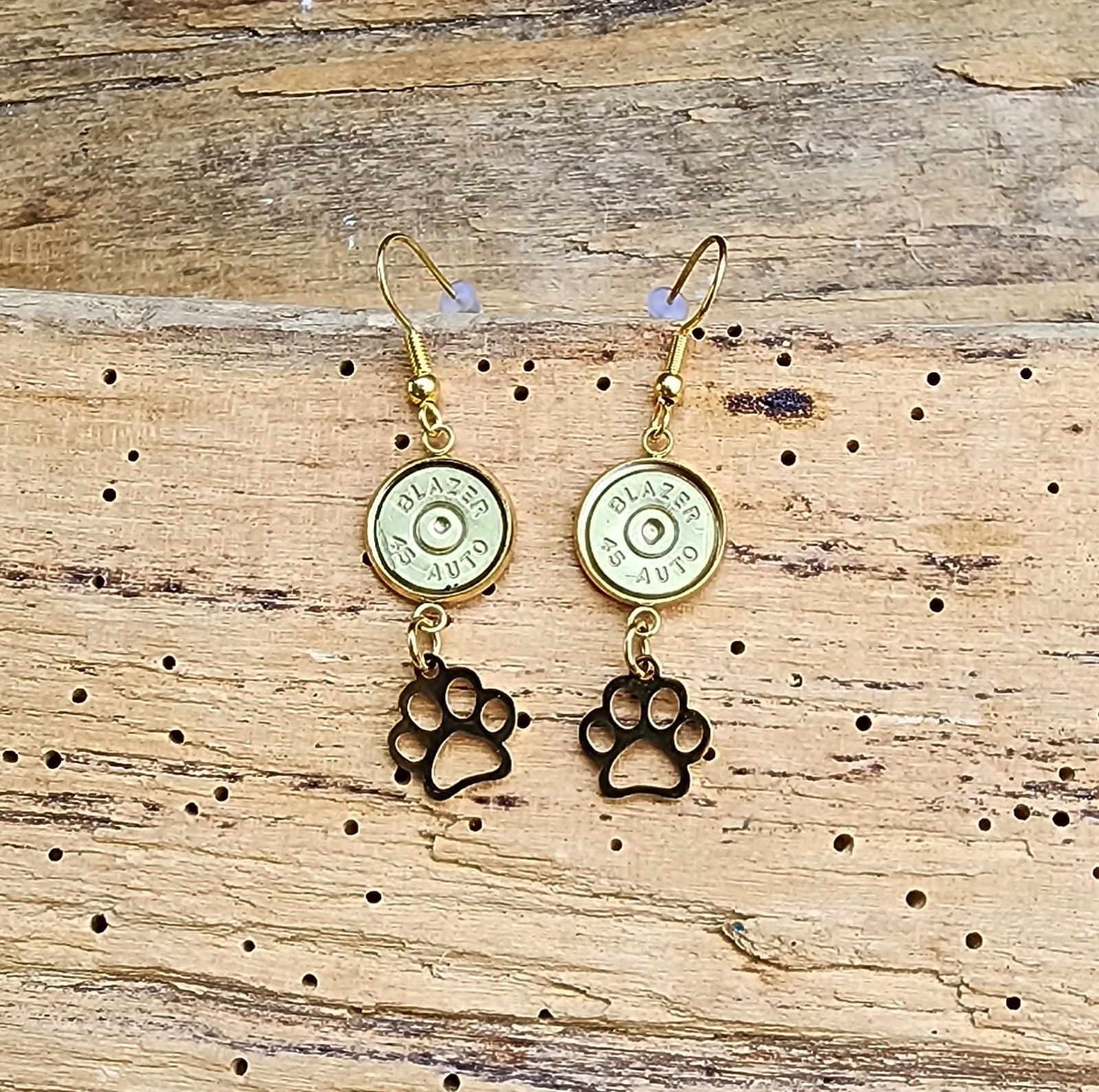 Gold Stainless Steel Dangle Bullet Earrings with Paw Charms. Optional Color