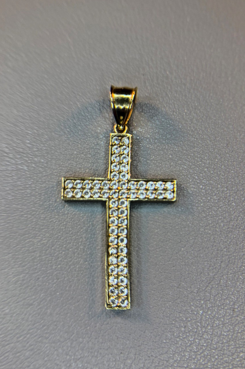10K Yellow Gold Double Row Pavé Cross Pendant 3 Grams 1.5″ Crucifix Charm ASK
