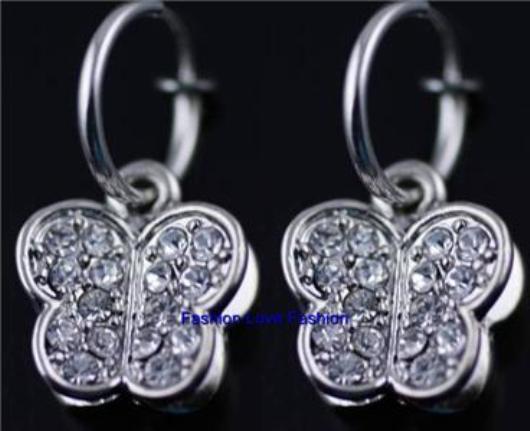 1 PAIR Spring Clip-On Silvertone Blue/White Butterfly Fashion Dangle Earrings