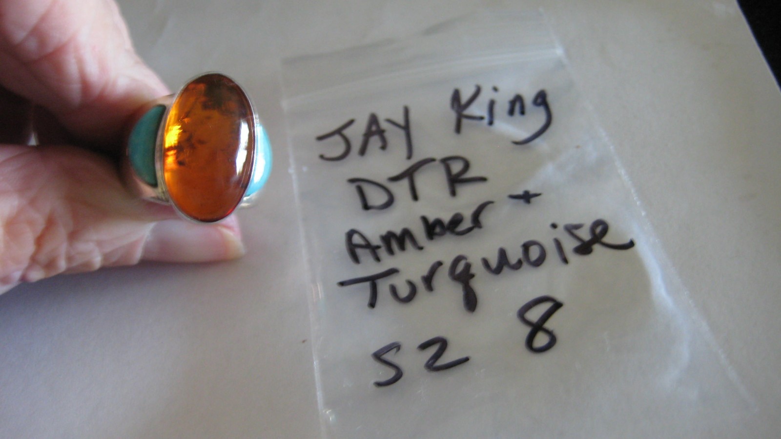 NICE JAY KING/DTR STERLING SILVER TURQUOISE & AMBER RING, SZ 8