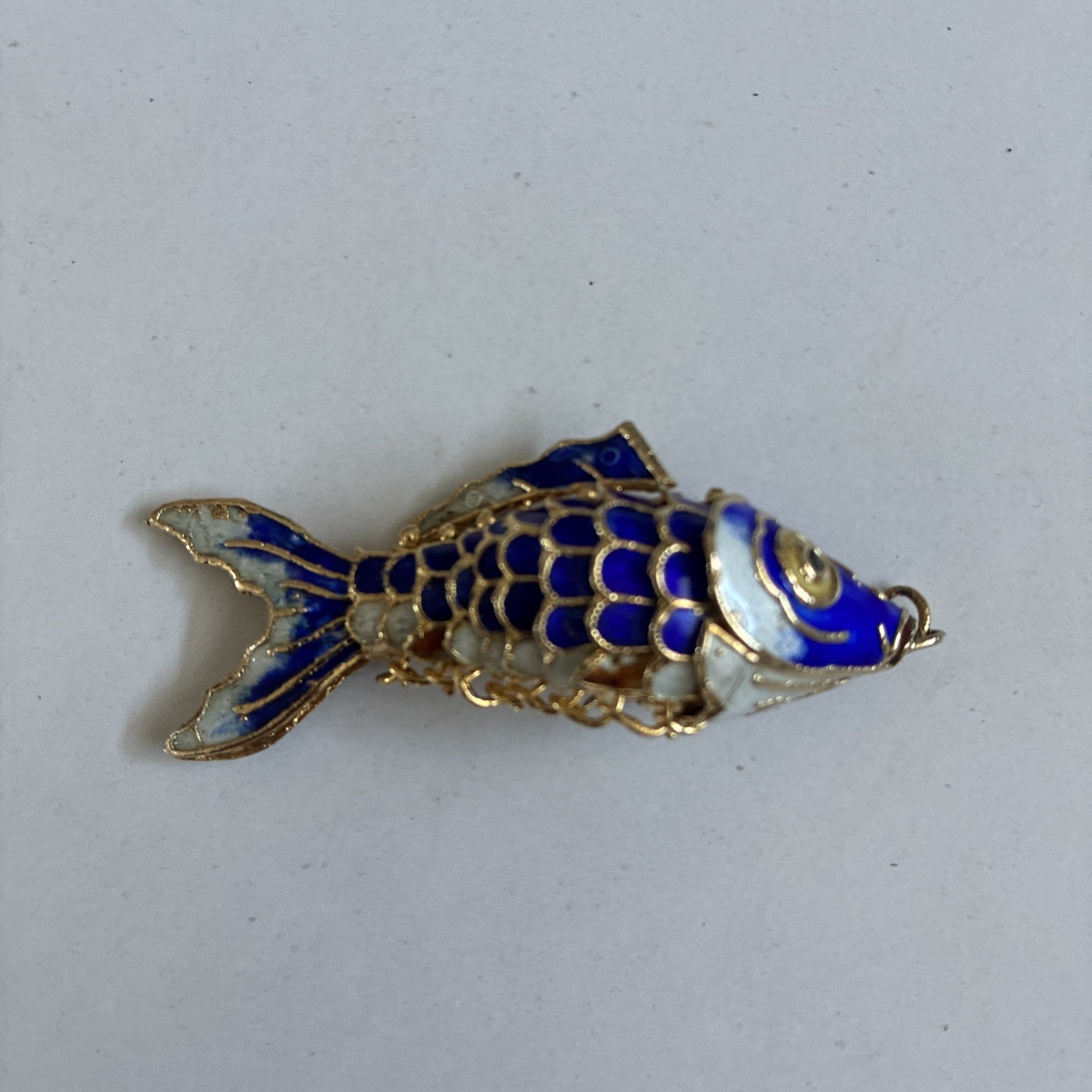 Vintage Cloisonné Enamel Enameled Articulated Blue & White Koi Fish 2.5″ Pendant