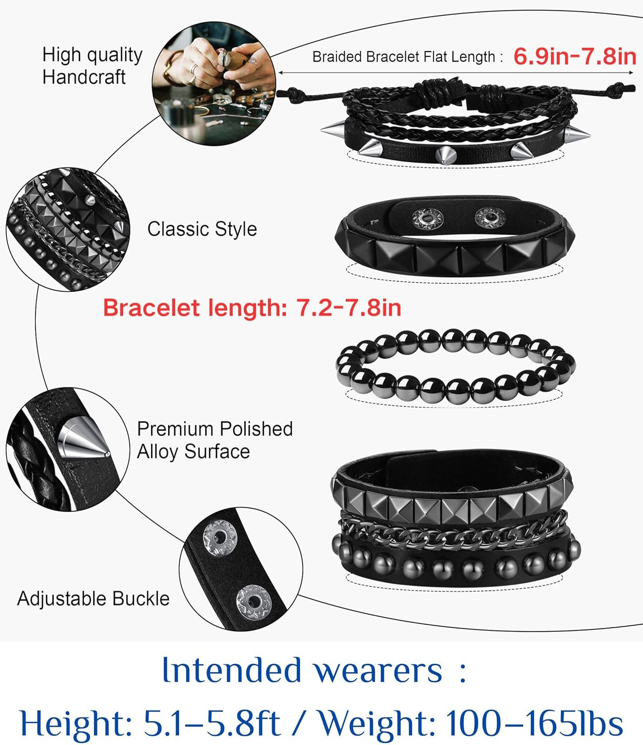 4Pcs 7.2-7.8in Punk Bracelets for Men Women Leather Spike Bracelet Metal Cuff…