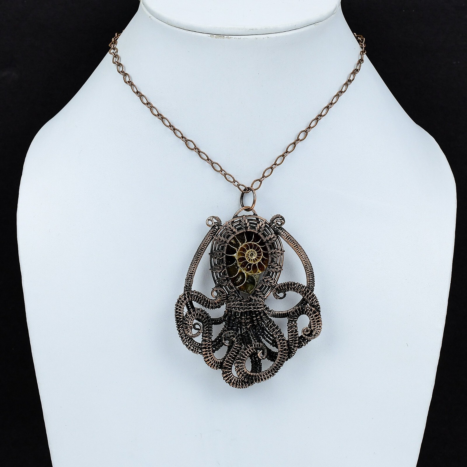 Ammonite Fossil Copper Bestie Gift Wire Wrapped Octopus Pendant 3.23″