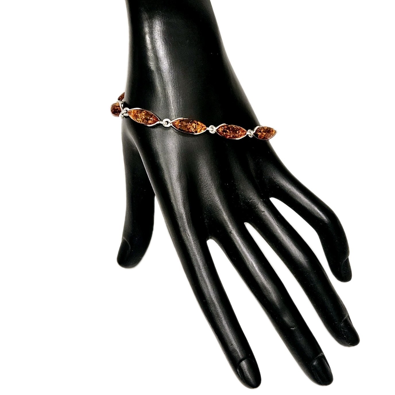 NEW Italian Amber & Silver Bracelet 8″ Long Oval Cognac Stones 925 Sterling