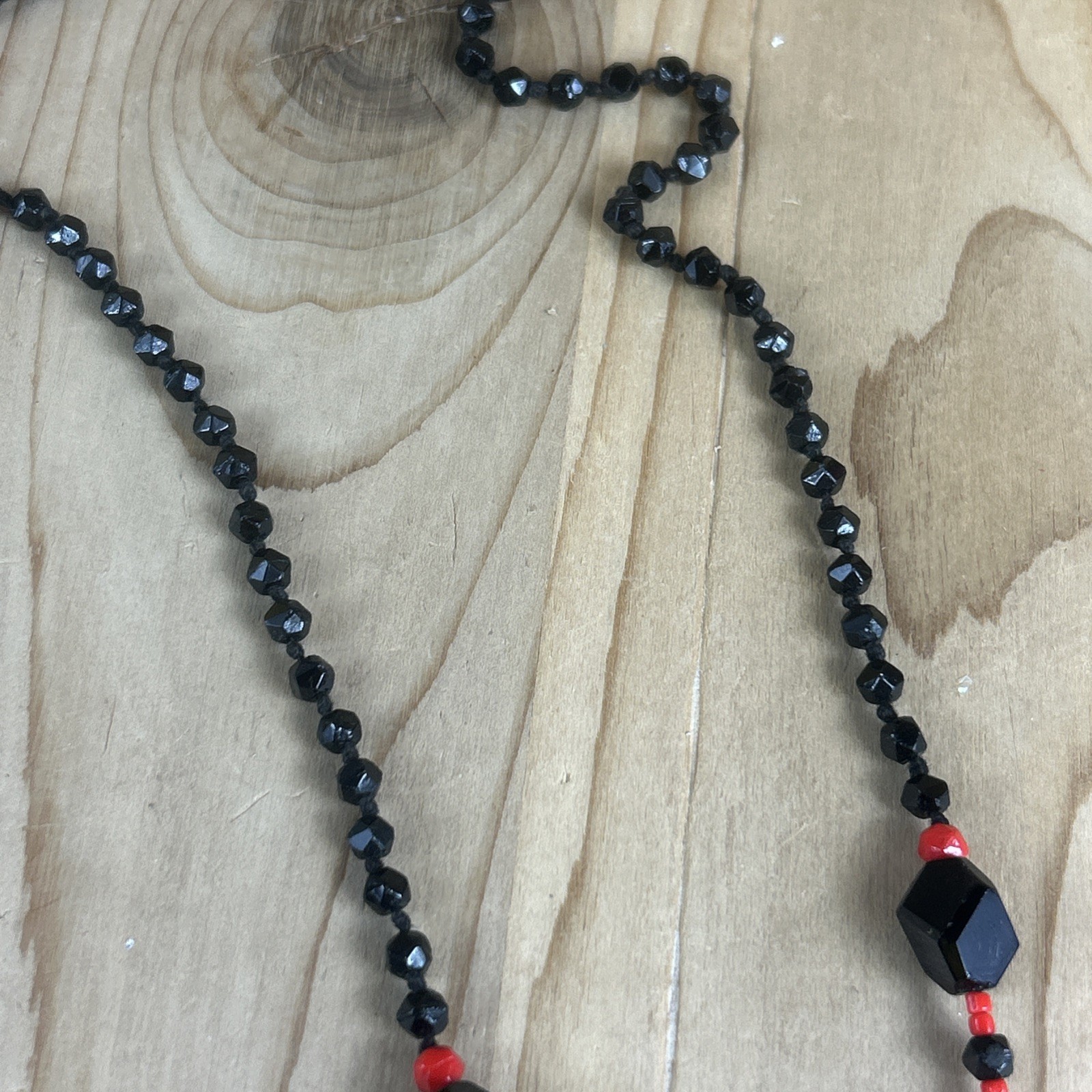 Beaded Tassel Necklace 30” Black Red