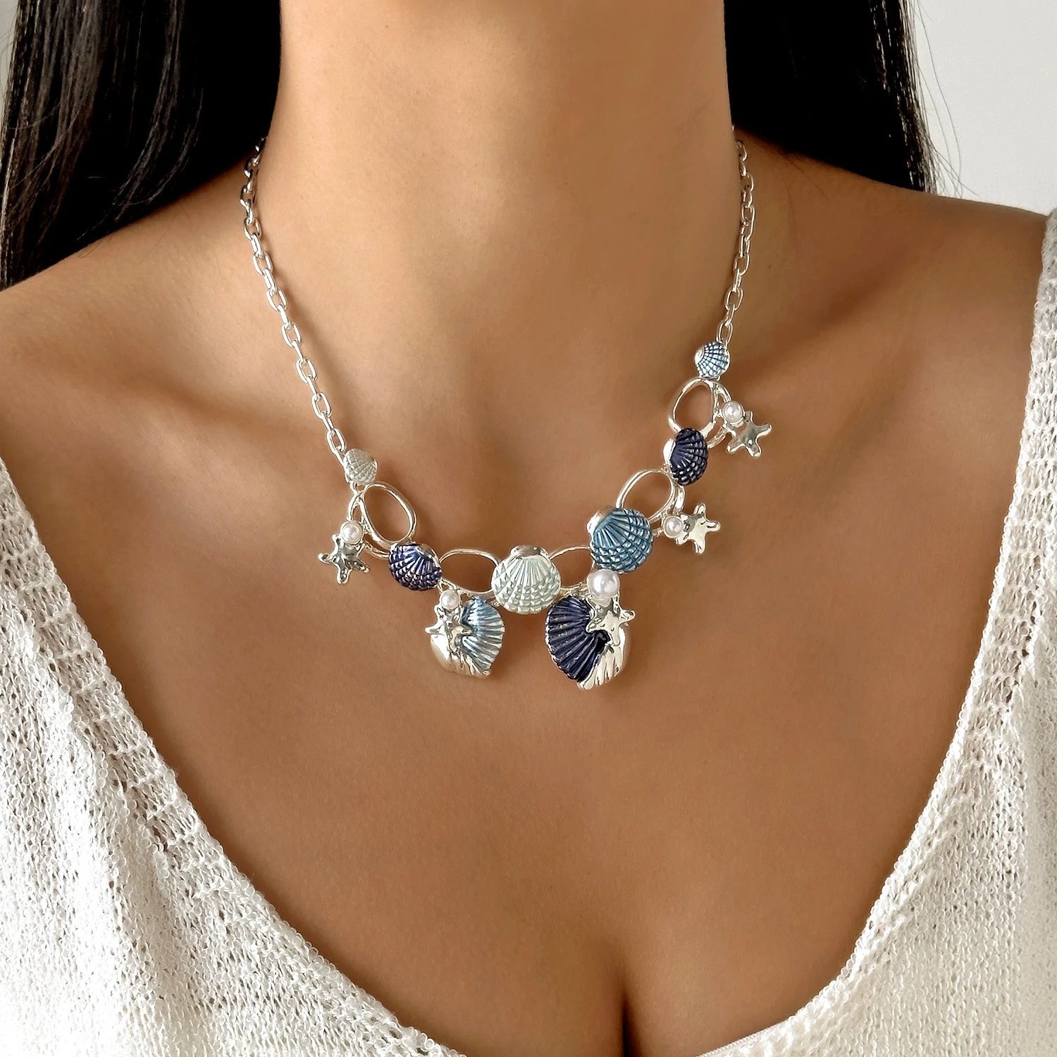 Starfish Seashell Necklace Pearls Beach Nautical Statement Bib Jewelry Chain
