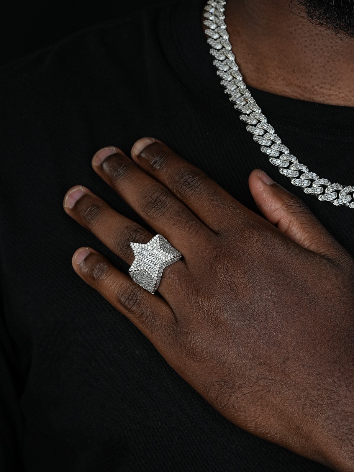 MOISSANITE Real 925 Silver Iced Baguette Star Shape Ring Passes Tester Hip Hop