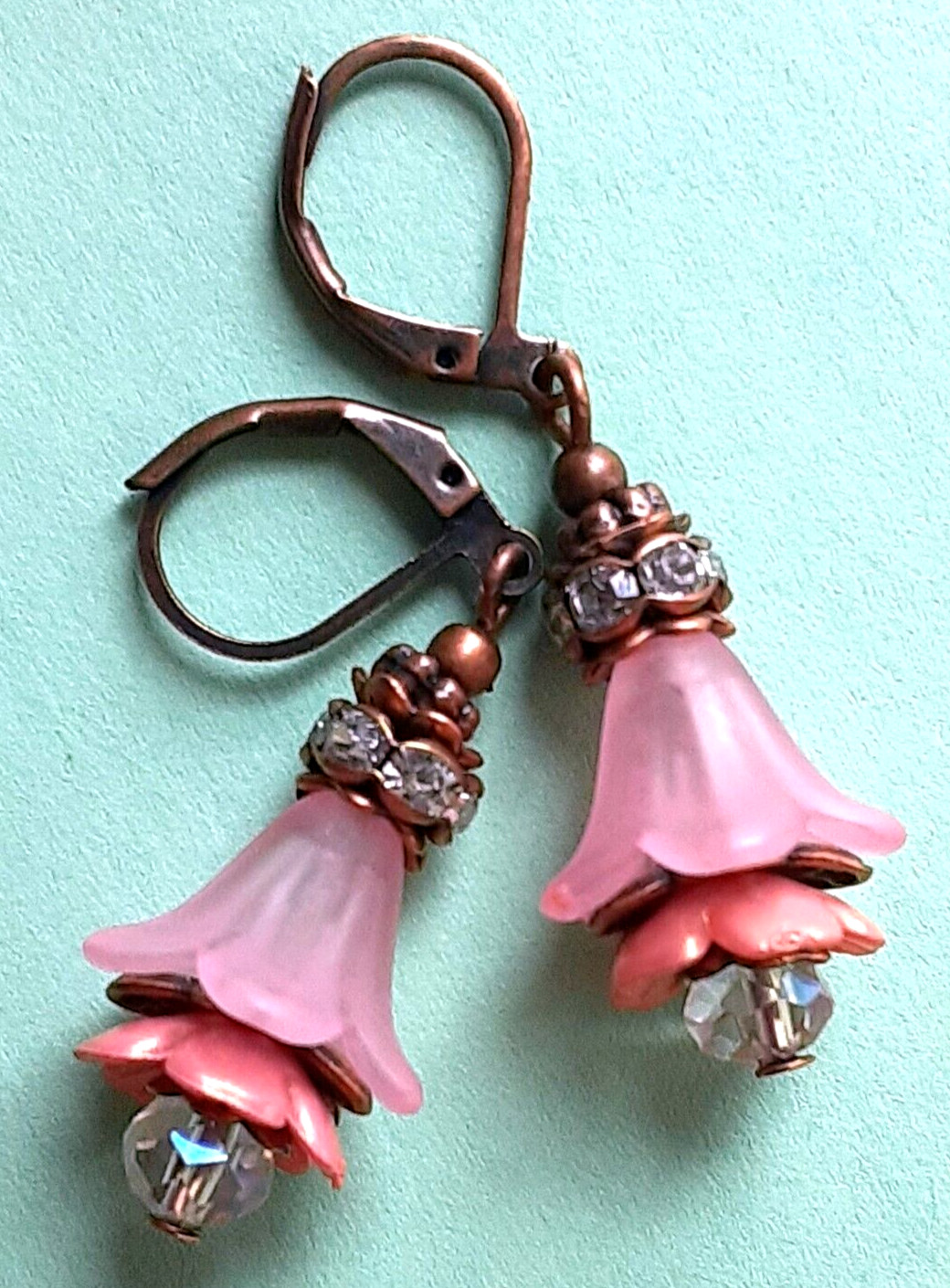 PINK PEACH acrylic FLOWER with CRYSTAL ring earring COPPER color LEVER BACK XX