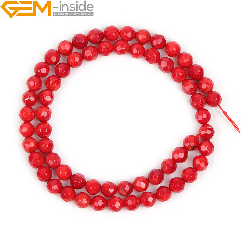 Faceted Red Coral Beads 15″ – Dyed Round Loose Gemstone Jewelry Making Strand”