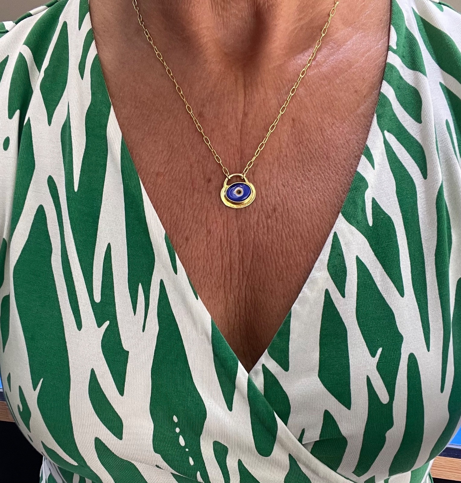 18k Yellow Gold Blue Evil Eye GREEK PADLOCK PAPERCLIP LINK 18″ CHAIN NEW