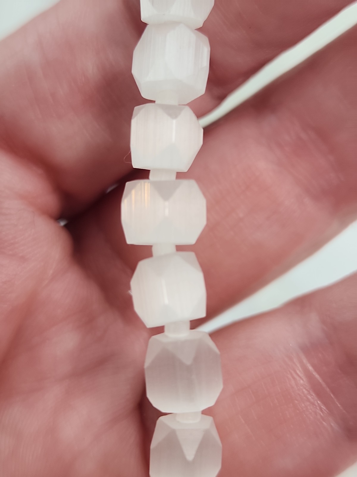 Vintage Czech Glass Triple Strand Necklace Pentagon Faceted White Satin Atlas
