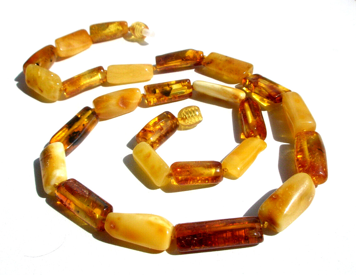 Real Baltic Amber Necklace Elongated Beads Egg Yolk Cognac 48 cm 19” Polished