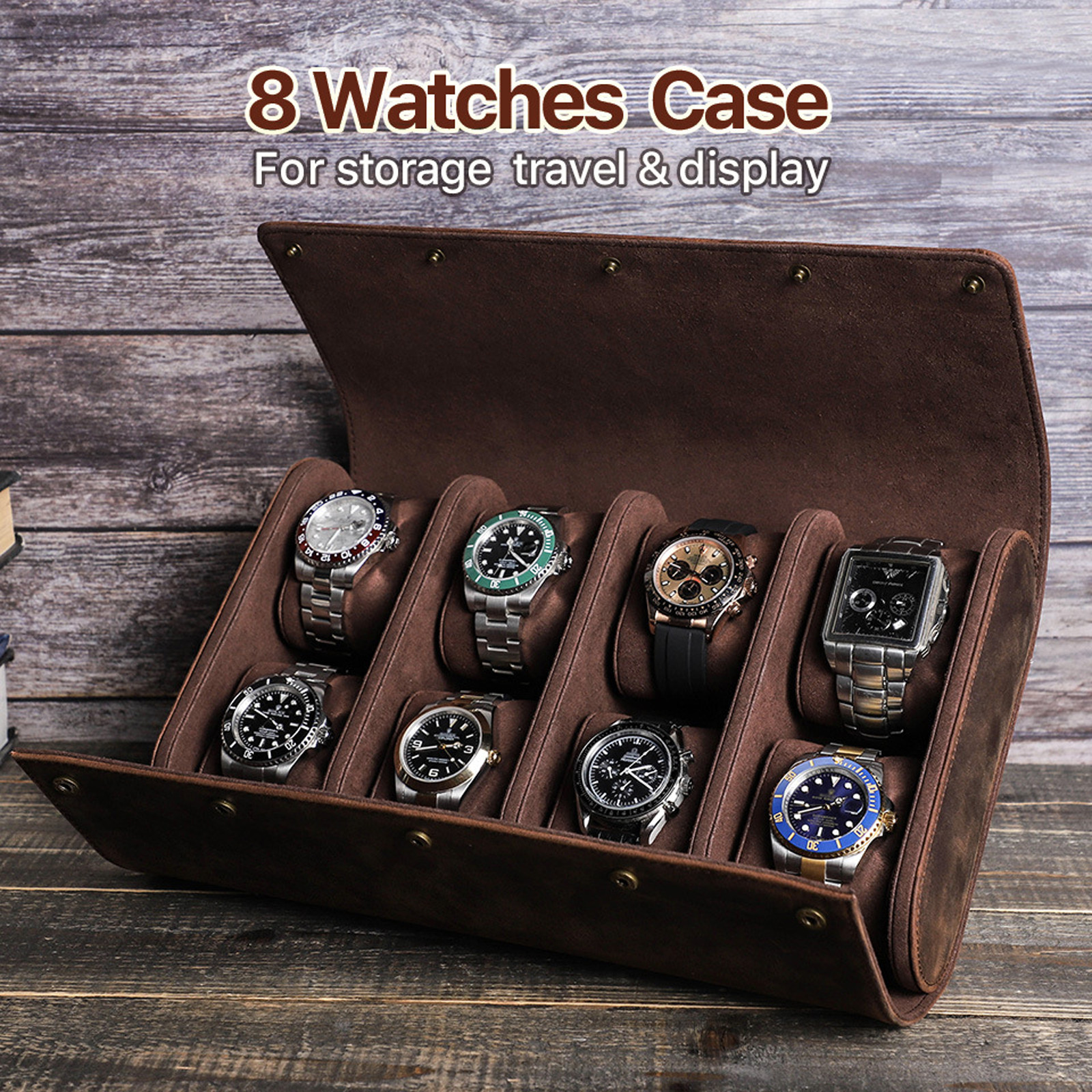 Watch Case Handcrafted Crazy Horse Leather 8 Watch Slot Vintage Organizer Coffee