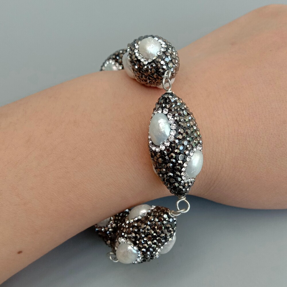 8.5″ Freshwater Cultured White Pearl Black Rhinestone Pave Olive shape Bracelet