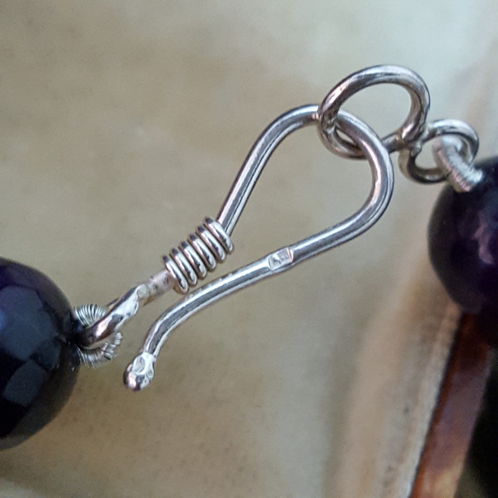 Vintage Egyptian Solid Silver Necklace, Purple Onyx Gems Beads, Purity 800