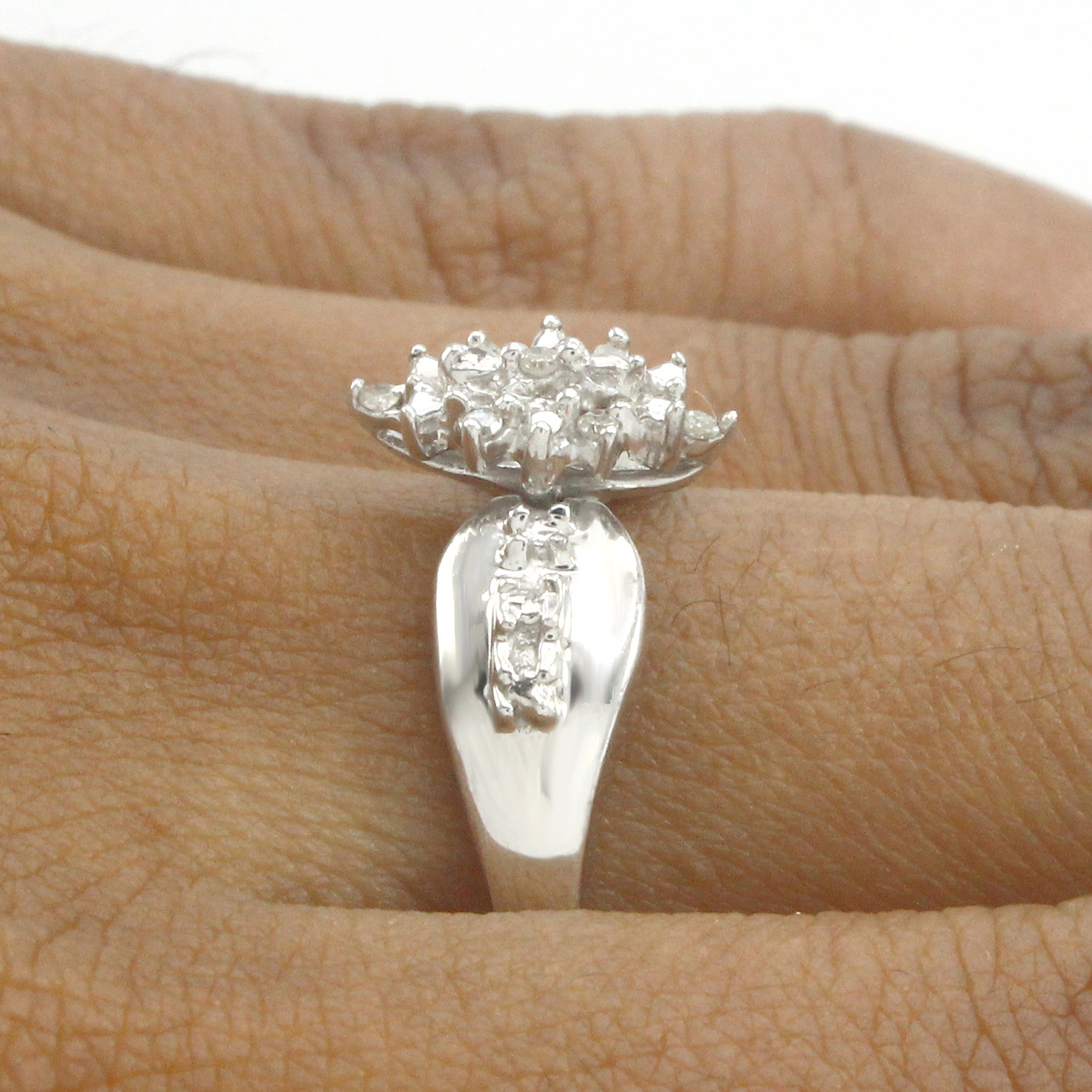 14K White Gold Plated Round Cut White Natural Diamond Accent Cluster Ring