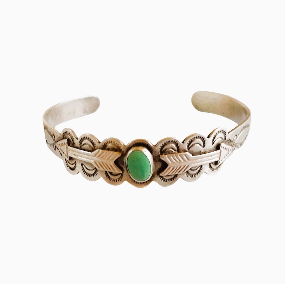 Vintage Fred Harvey Era Navajo Coin Silver Turquoise Stone Cuff Bracelet Stamped