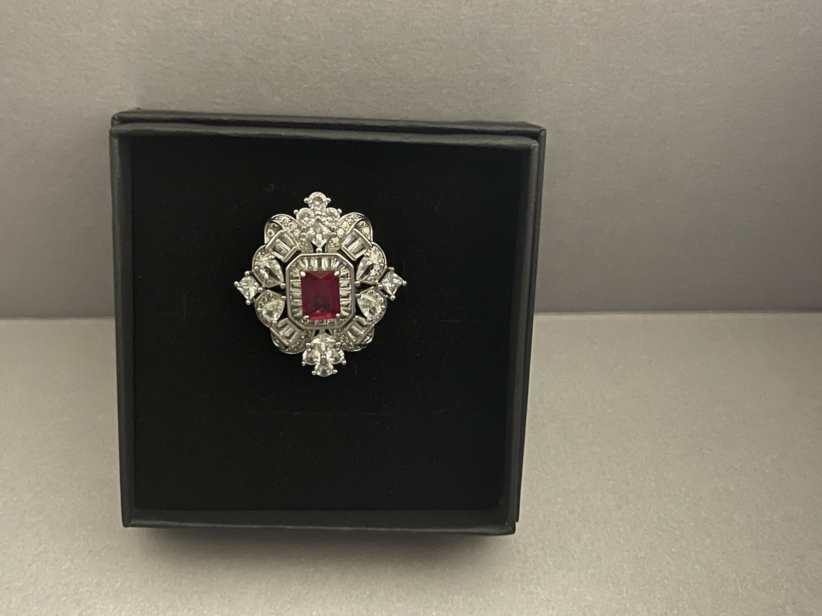 Gorgeous Simulated Ruby And Diamond Silver Ring Adjustable Brand New