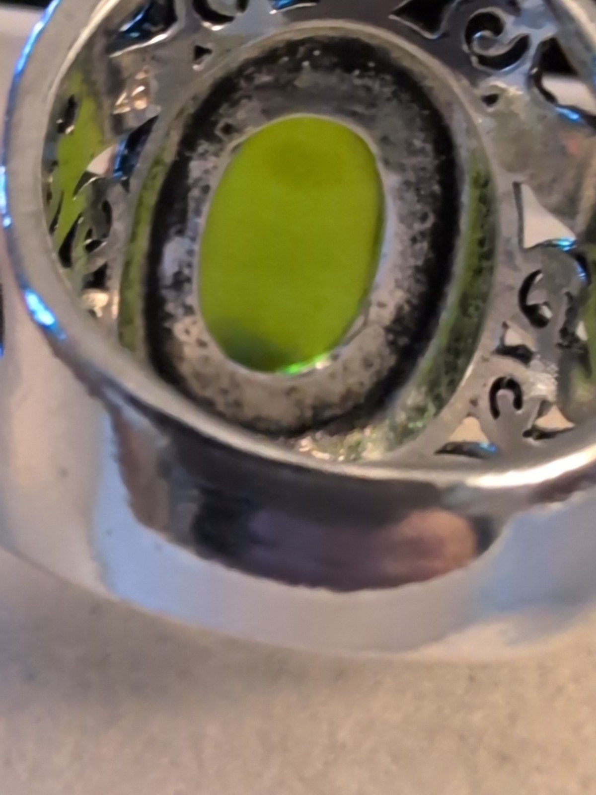 Sterling Silver Size 7 Ornate Vintage Revival Perfect Eye Clean Green Amber