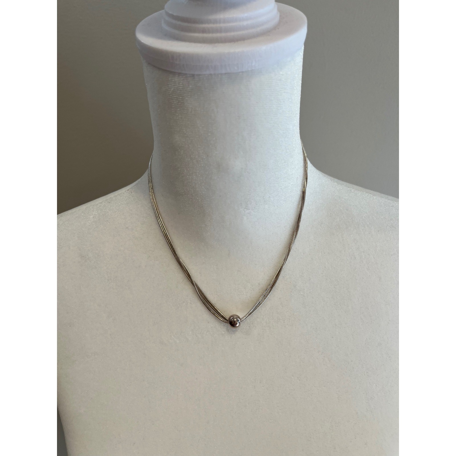 Multi-Strand Liquid Silver Necklace with Polished Bead 16 Inch Lobster Clasp