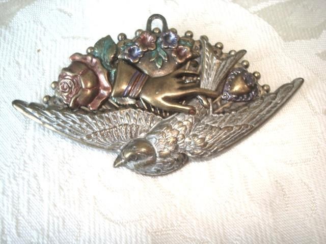 Victorian Revival Assemblage Fan Brooch With Bird Hand Heart Flowers KJ