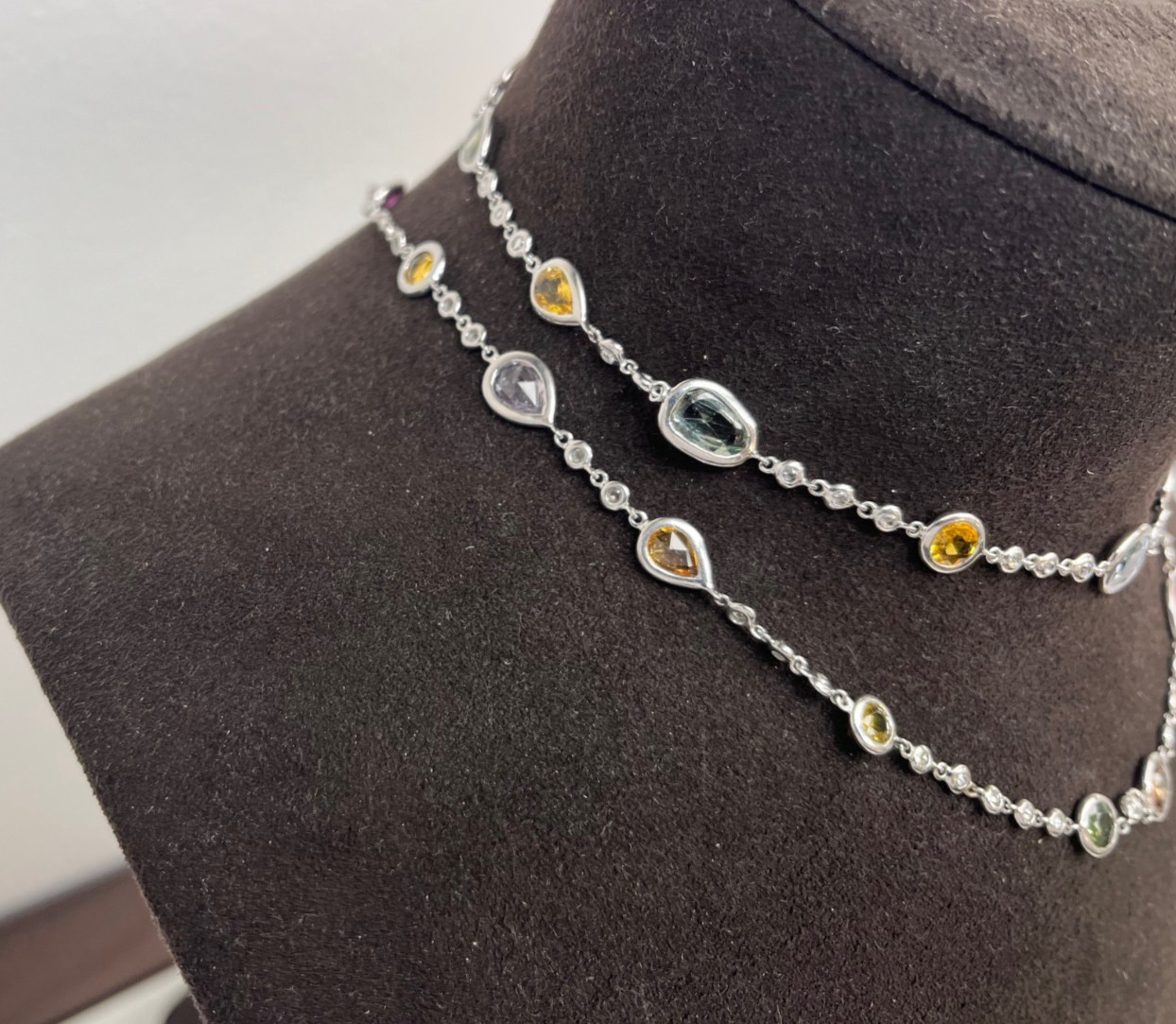 An Elegant White Gold Blue Sapphire and Diamond By-the-Yard Necklace