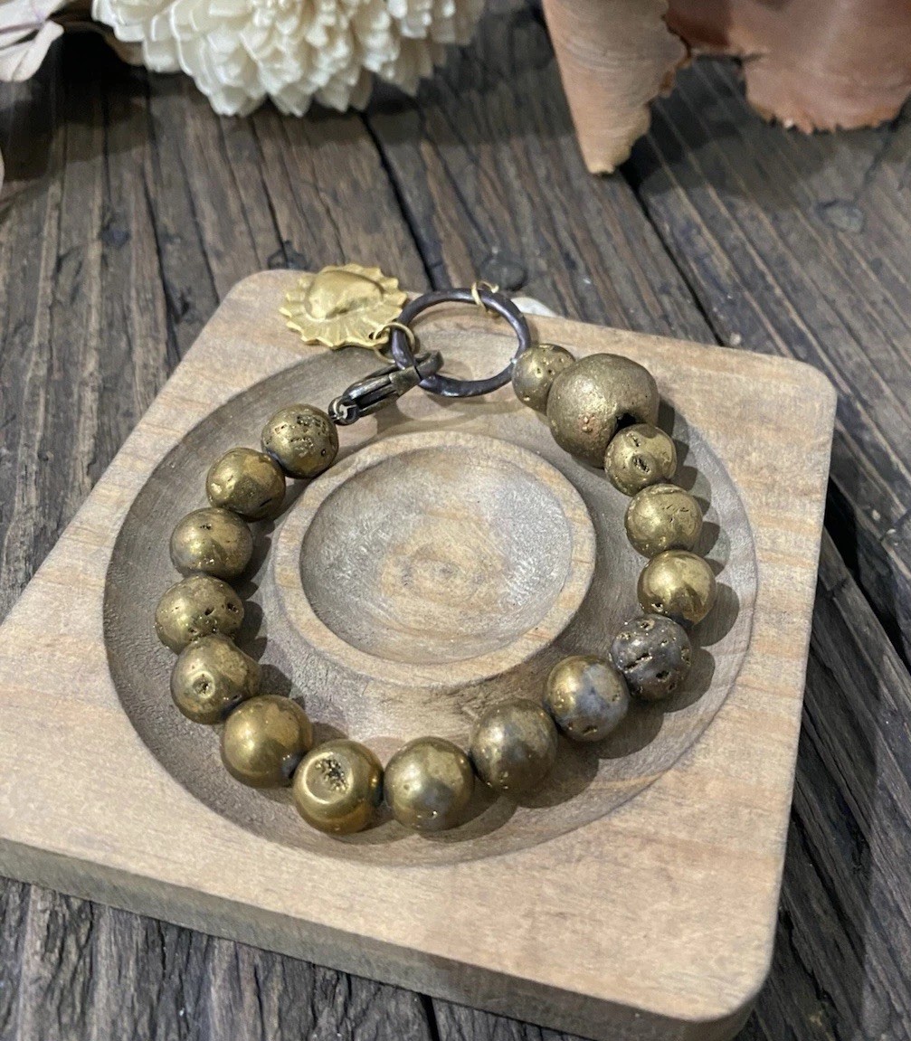 Druzy Agate & Baroque Pearl Antique Brass Bracelet with Flaming Heart Charm