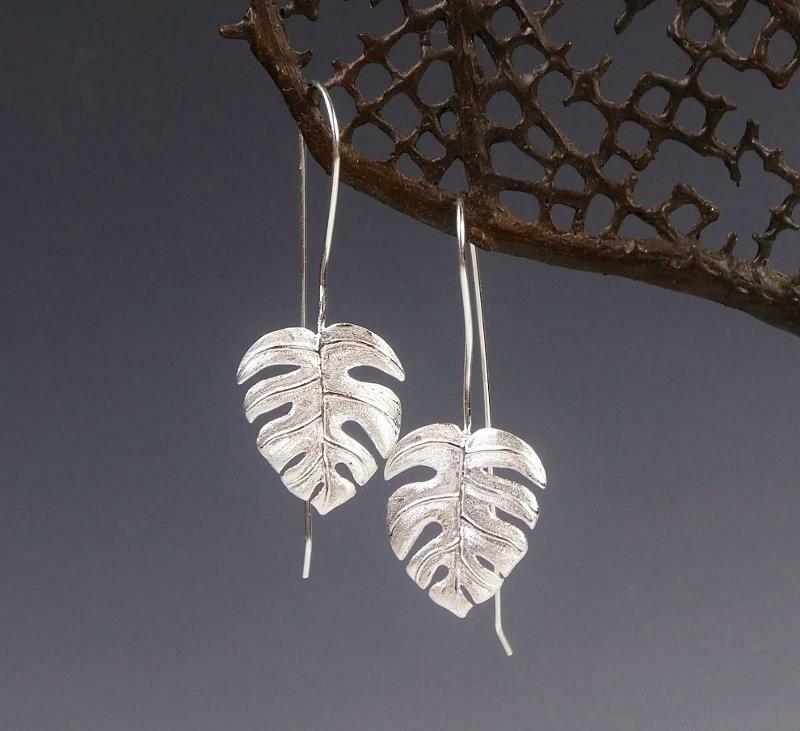 925 Sterling Silver Monstera Plant Leaf Long Drop Earrings Handmade Unique Chic