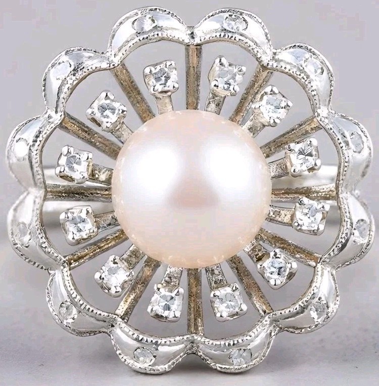Antique 14K White Gold Pearl Diamond Floral Ring w/Rare Hinged Band 7.5g Sz 8.5