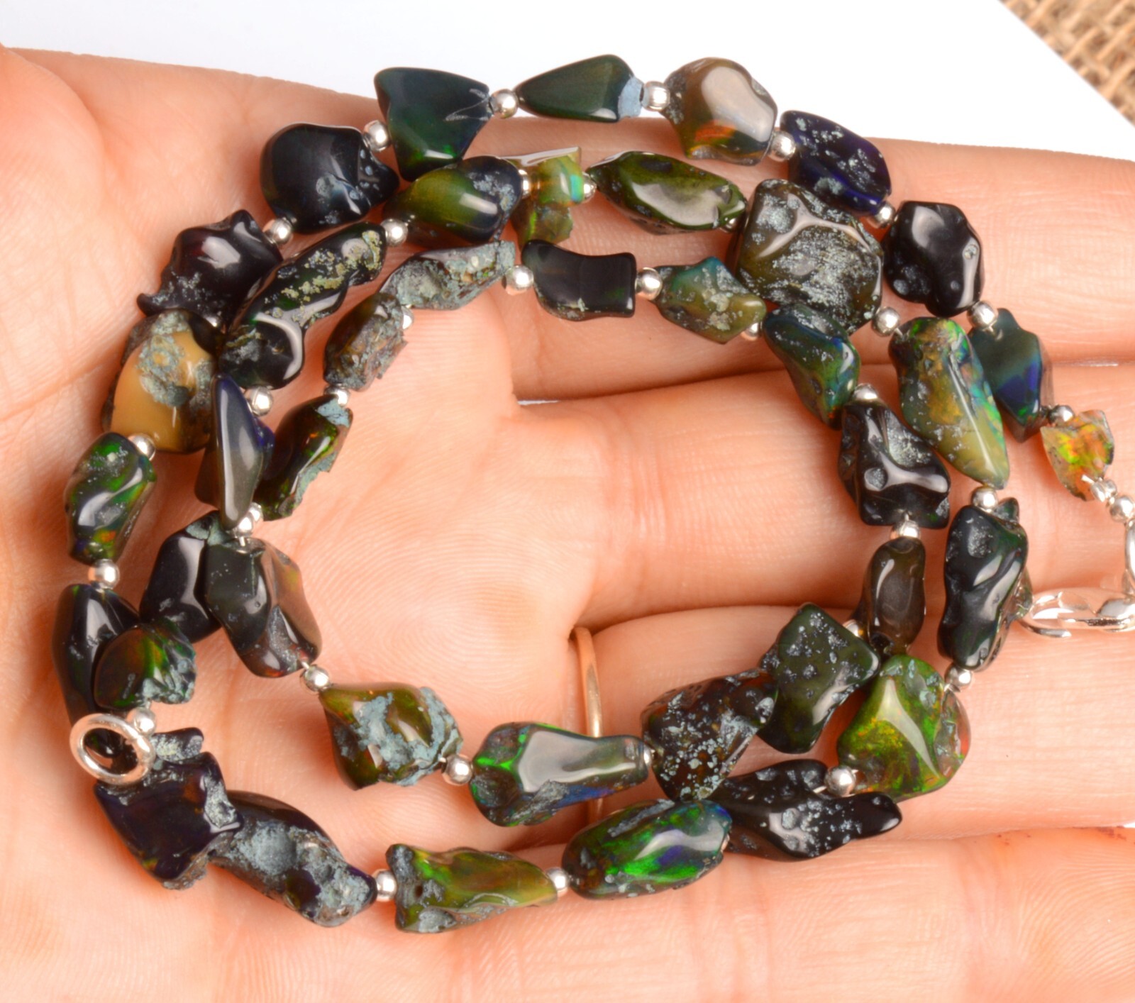 Natural Gem Welo Black Fire Opal 7 to 13 mm Rough Nugget Beads 18″ Necklace
