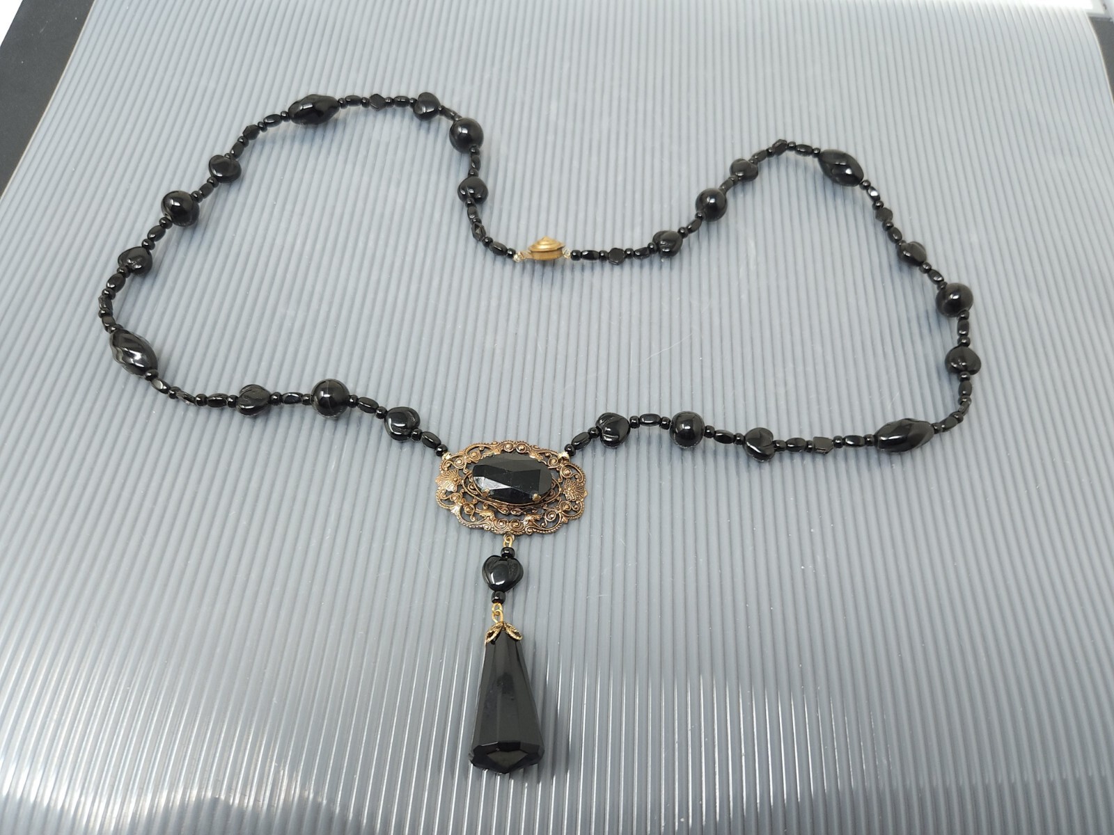 Vintage Victorian Mourning French Jet Glass Black Dangle Necklace 28″