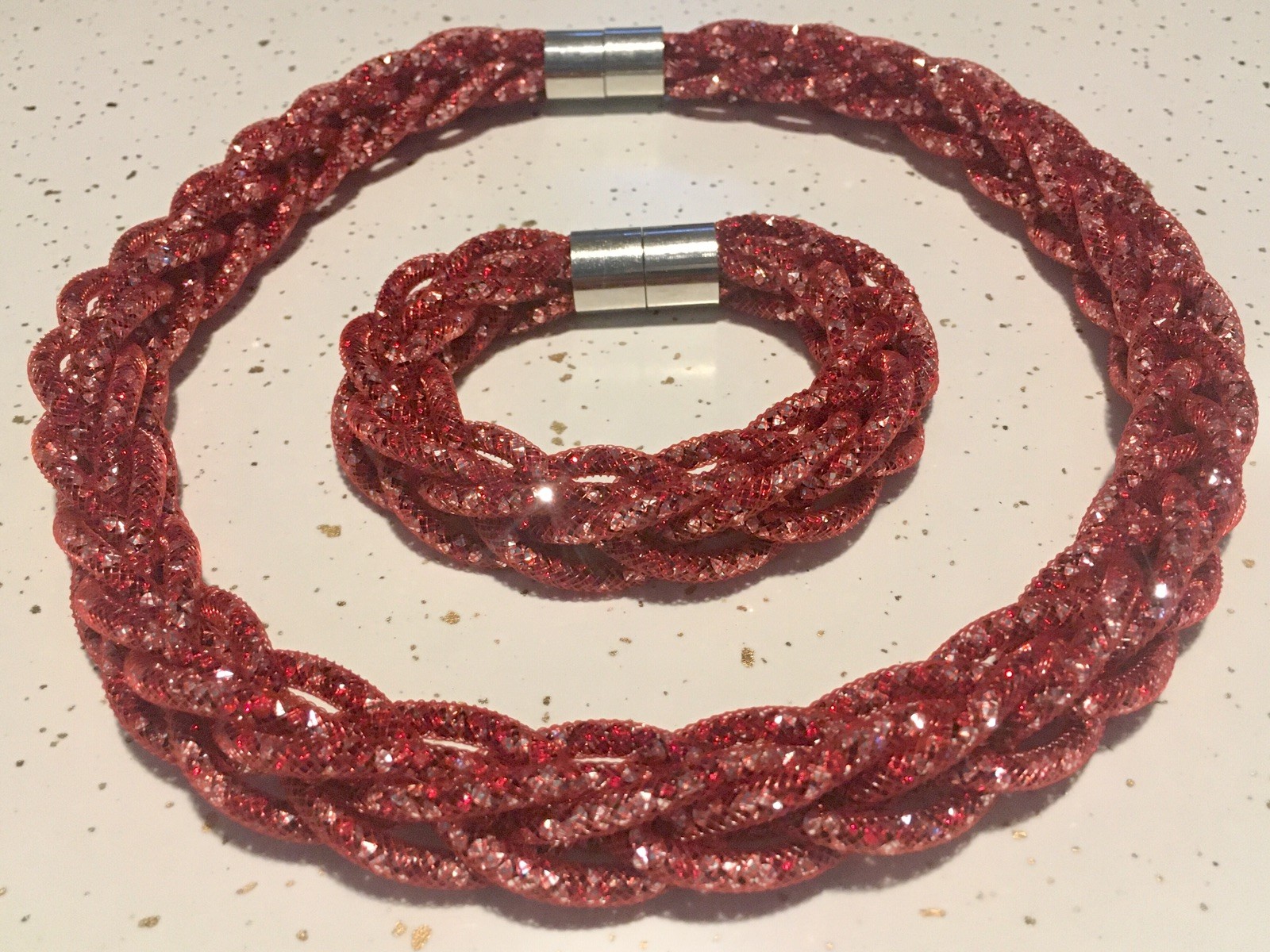 Red CRYSTAL STARDUST Mesh Rope-Braided Magnetic NECKLACE & BRACELET 2pc-Set