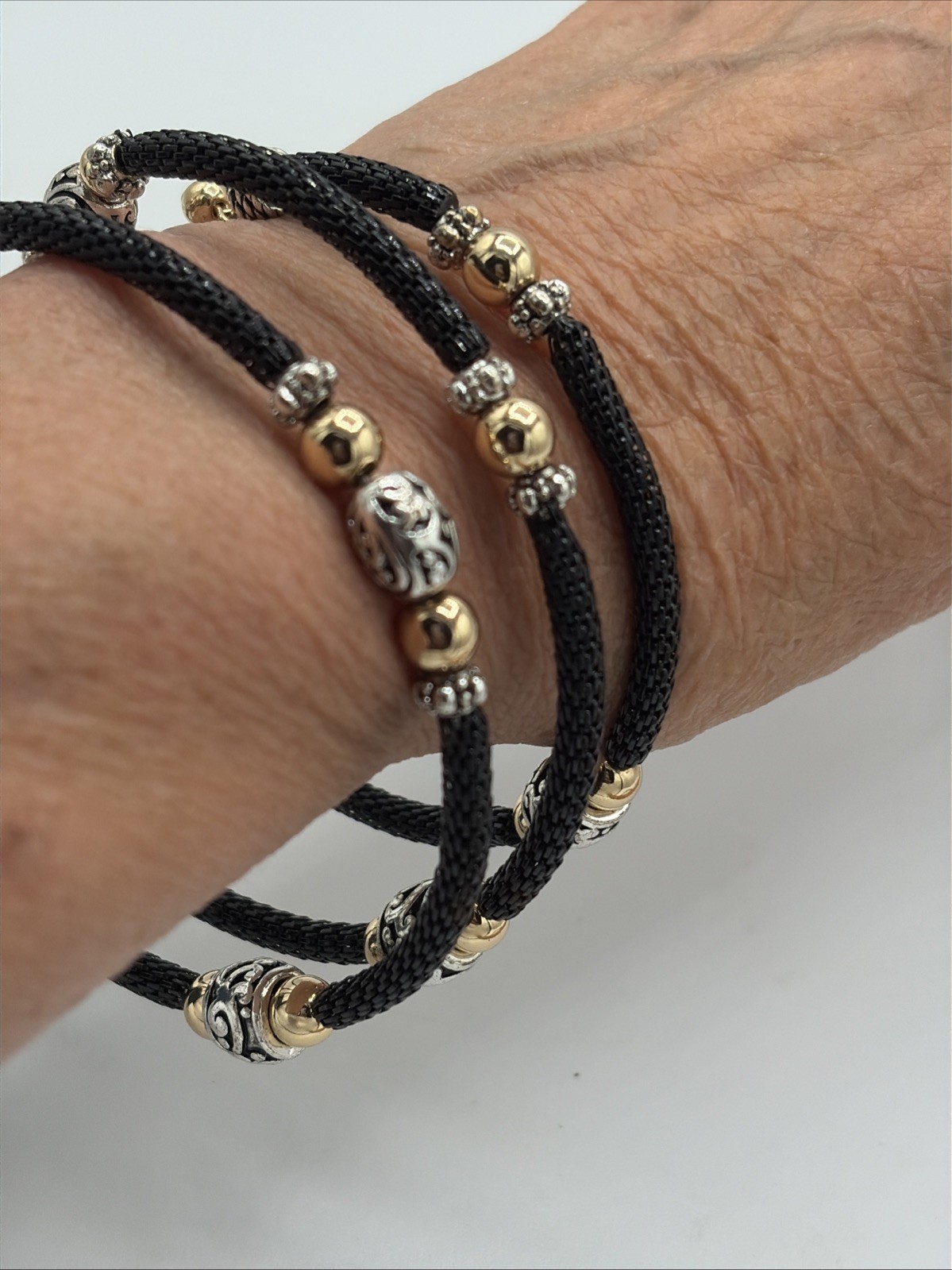 Beaded Bicep Coil Wrap Bracelet Black Silver Gold Tone Beads Large