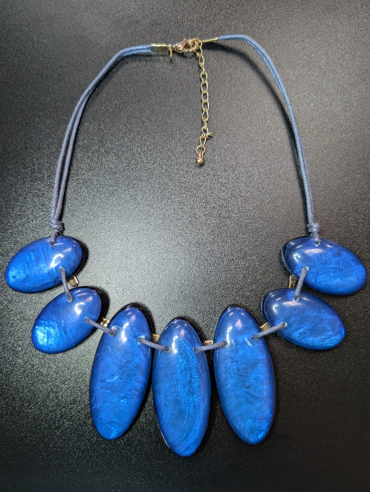 Bold Electric Blue Faux Foil Acrylic Slab Bib Necklace Blue Cord Gold Accent