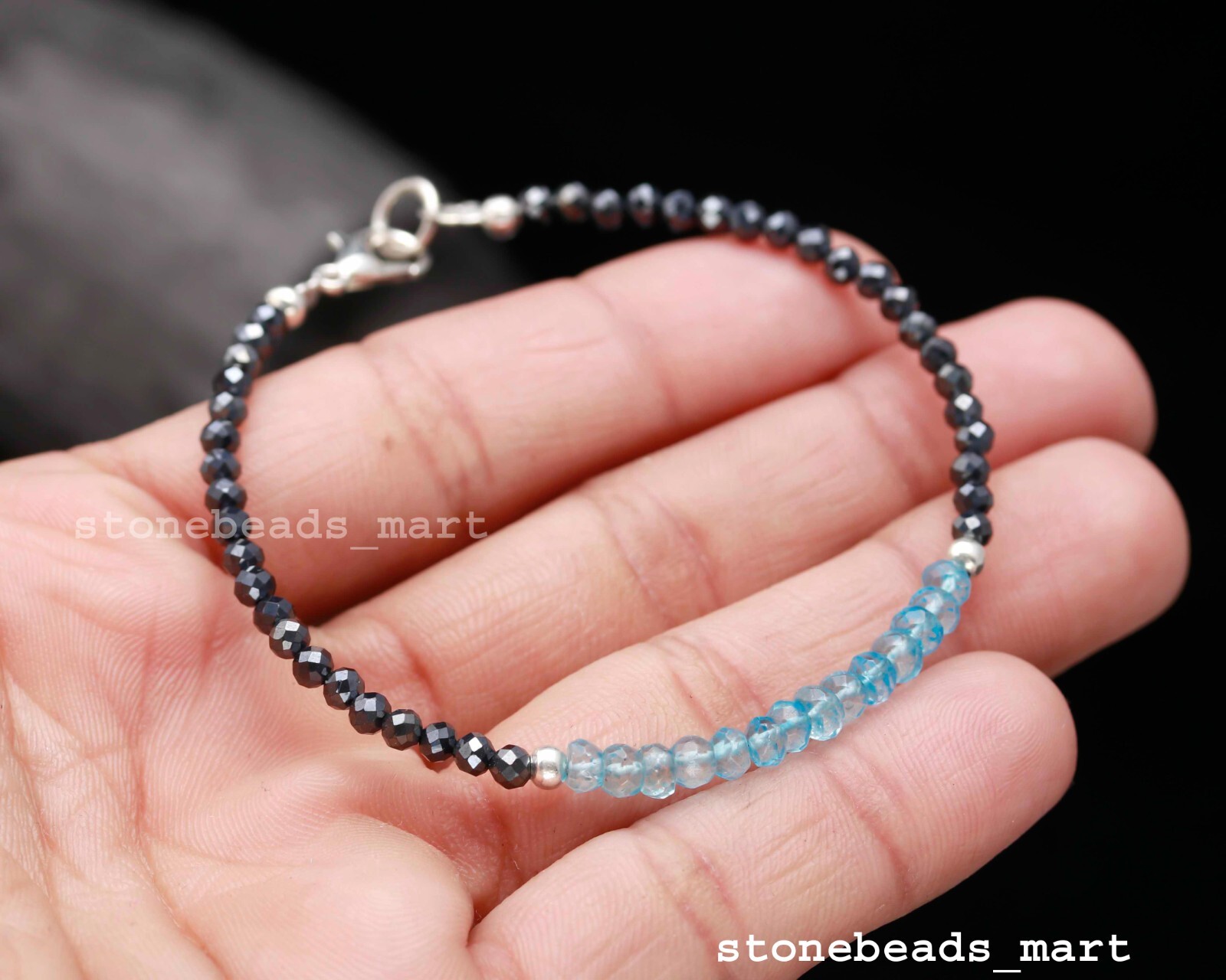 Black Spinel+Blue Topaz Top Dainty Gemstone Beaded Bracelet Jewllery 7″