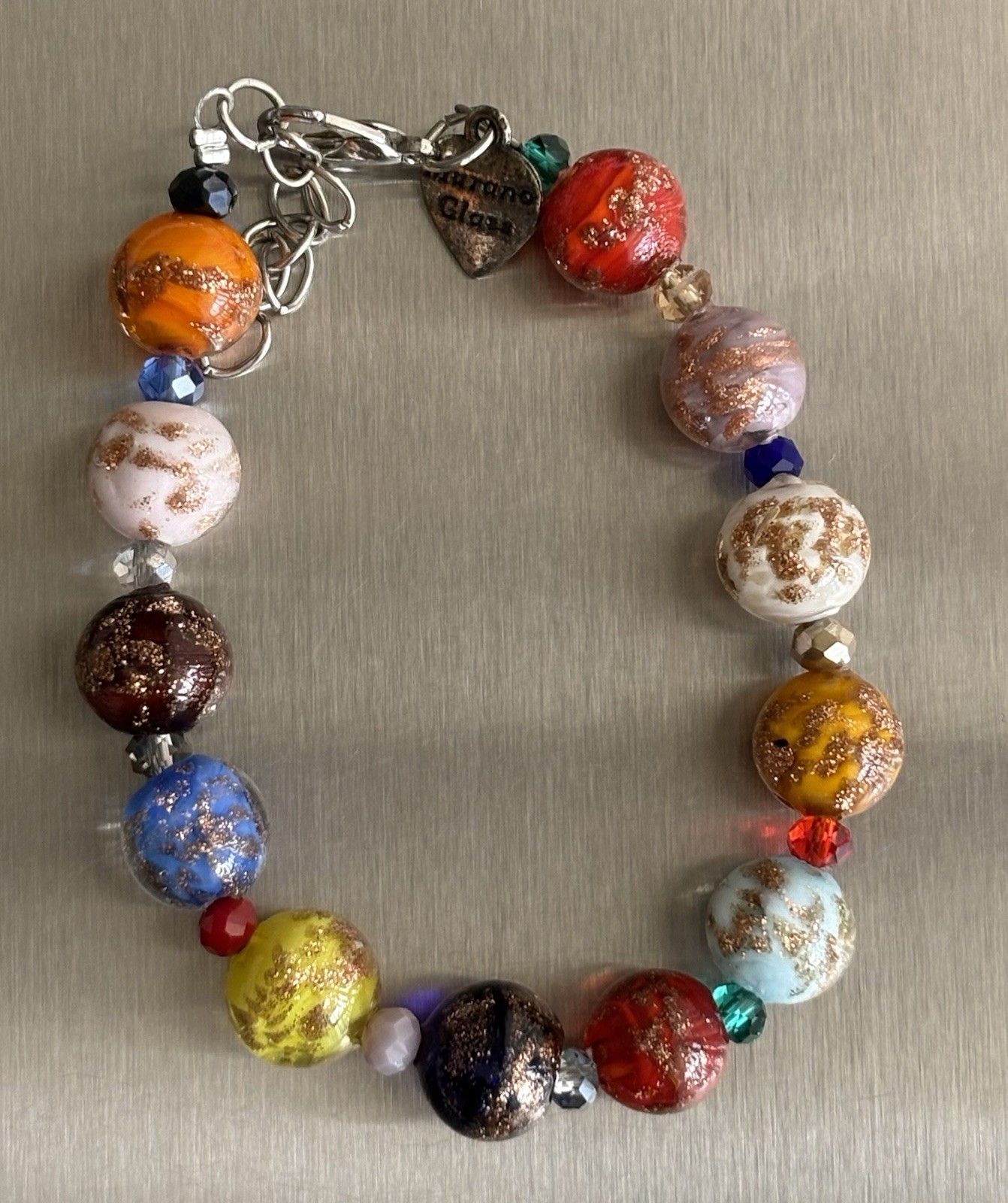 Vintage Murano Glass Bead Bracelet 7”- 8.25in Adjustable Multi Color Glass Beads