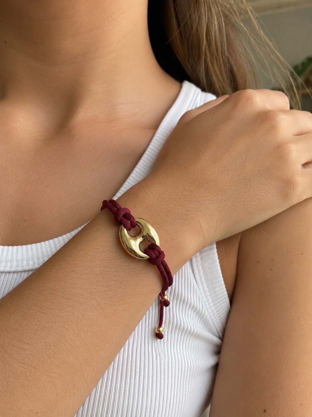 Burgundy Cord Bracelet with Gold Oval Charm, Adjustable