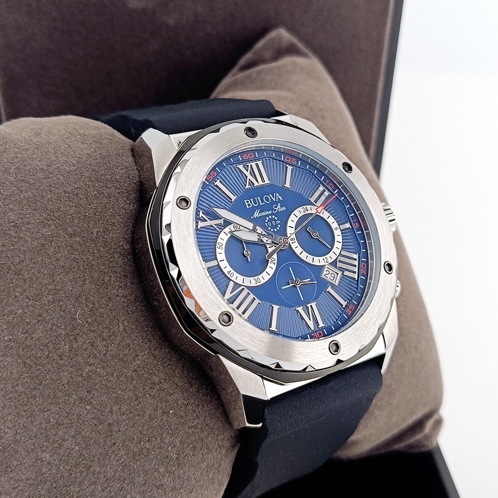 Men’s Bulova Marine Star 98B258 Blue Dial Silicone Strap Chrono Quartz Watch