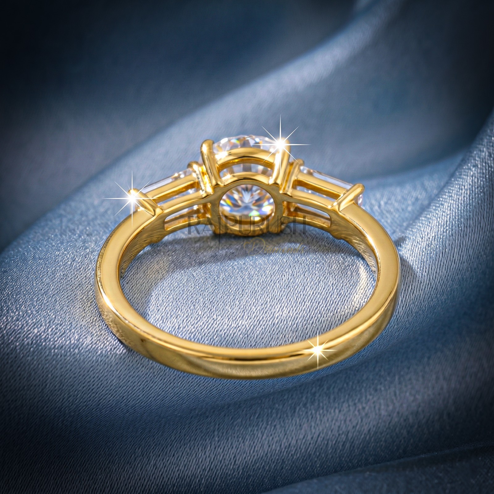 Round Moissanite Three Stone Engagement Ring Baguette 14K Gold Plated in Silver