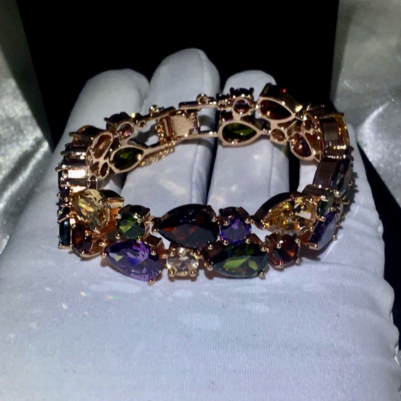 18k Rose Gold Filled Multicolor Tennis Bracelet made w Swarovski Crystal 6.5”