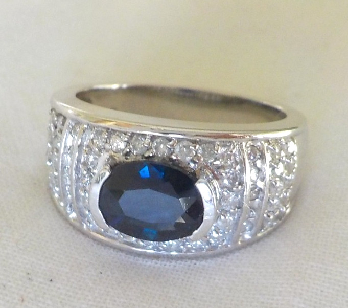 14k White Gold Solitaire Sapphire Diamond Ring – 6.80 gms, Sz 6.75, 1.86 ctw