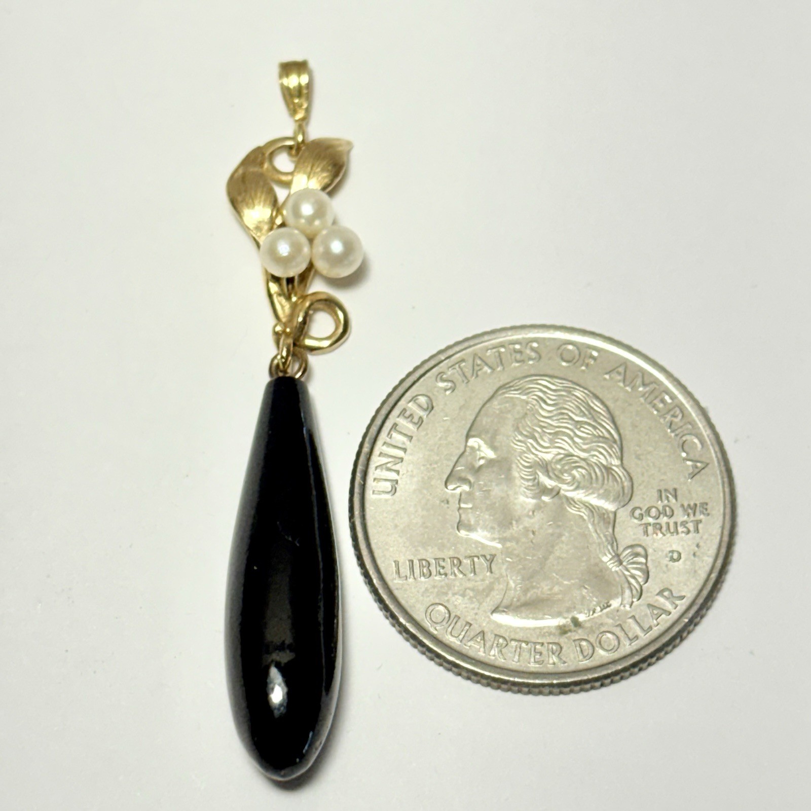 Vintage 13K Yellow Gold Black Coral Triple Pearl Leaf 44mm Dangle Pendant 1.95g
