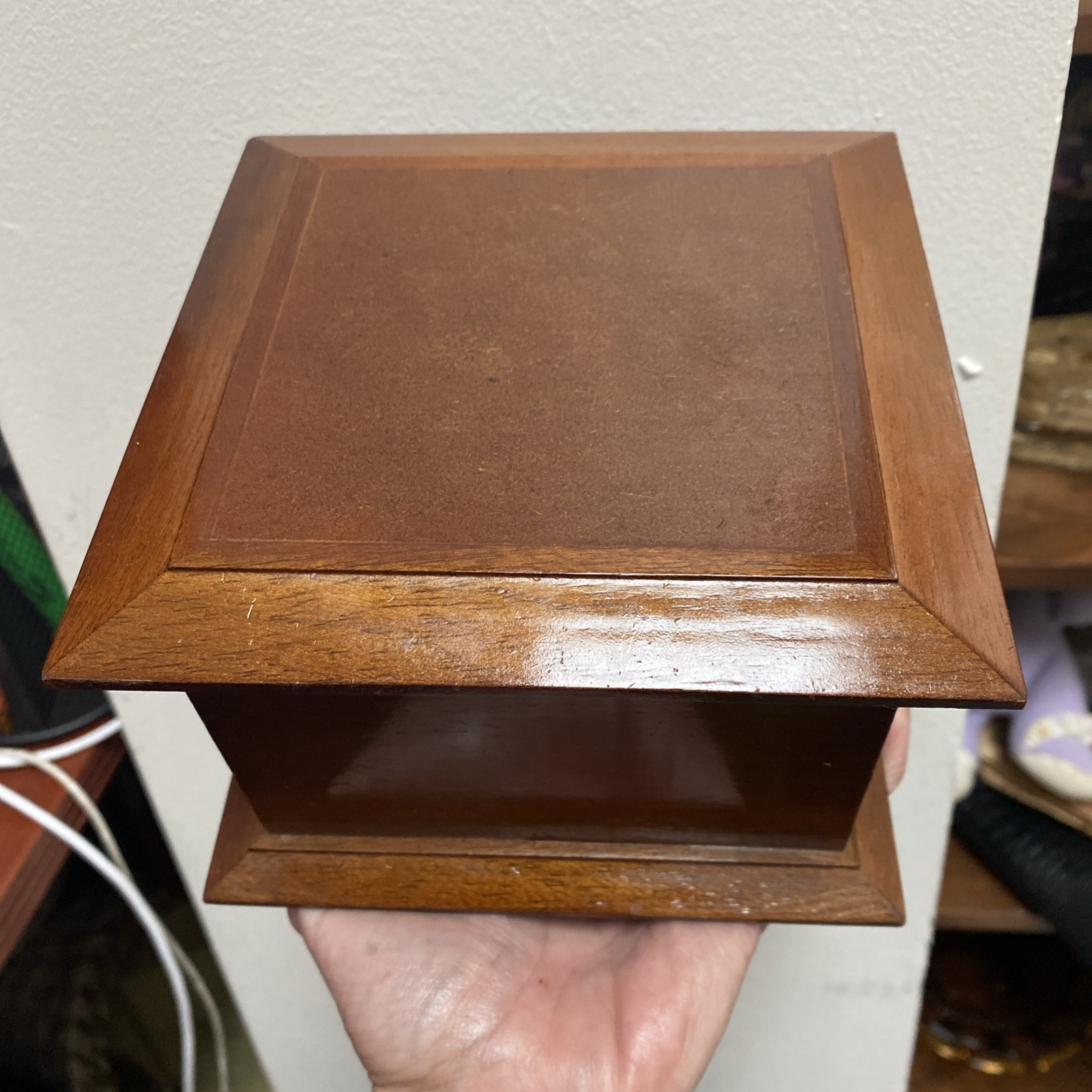 Wooden Jewelry Box 6x6x4″ Hinged Lid Two Levels Mirror Green Velvet Interior