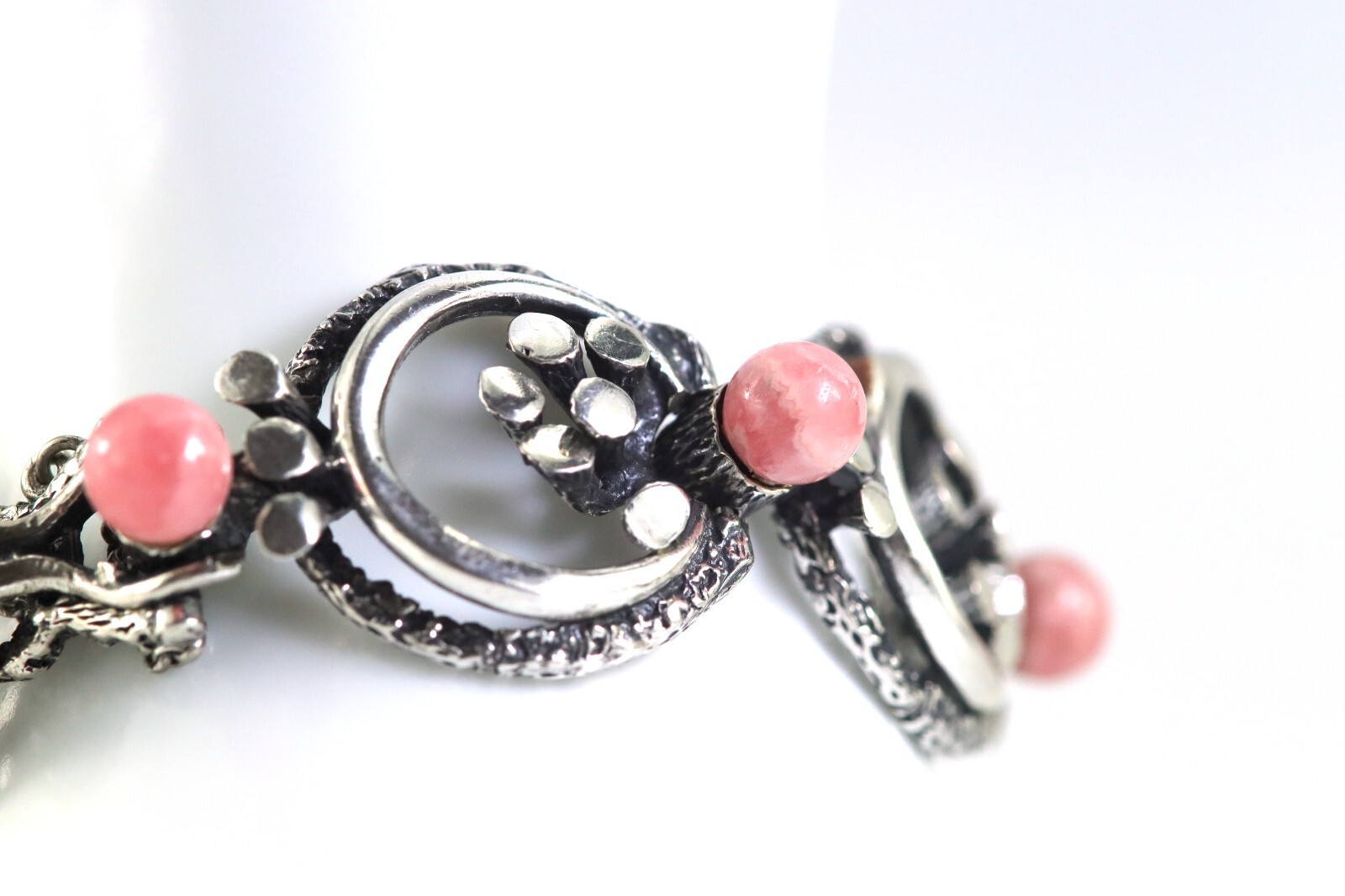 Floral Sterling Silver (925) Link Bracelet, with Rhodochrosite, Floral, L: 19cm