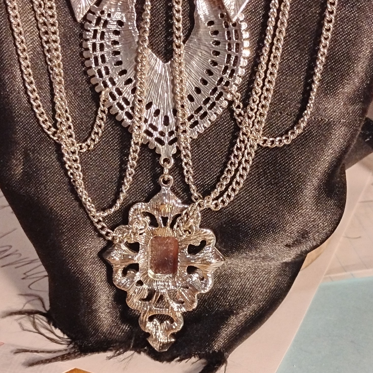 Silver Tone Statement Bib Layered Chain Clear Crystal Rectangle Pendant